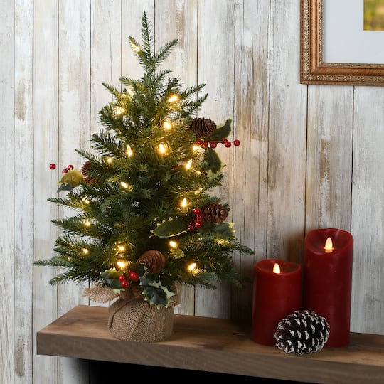 2ft. Pre-Lit Happy Hill Pine Artificial Christmas Tree, Warm White LED Lights